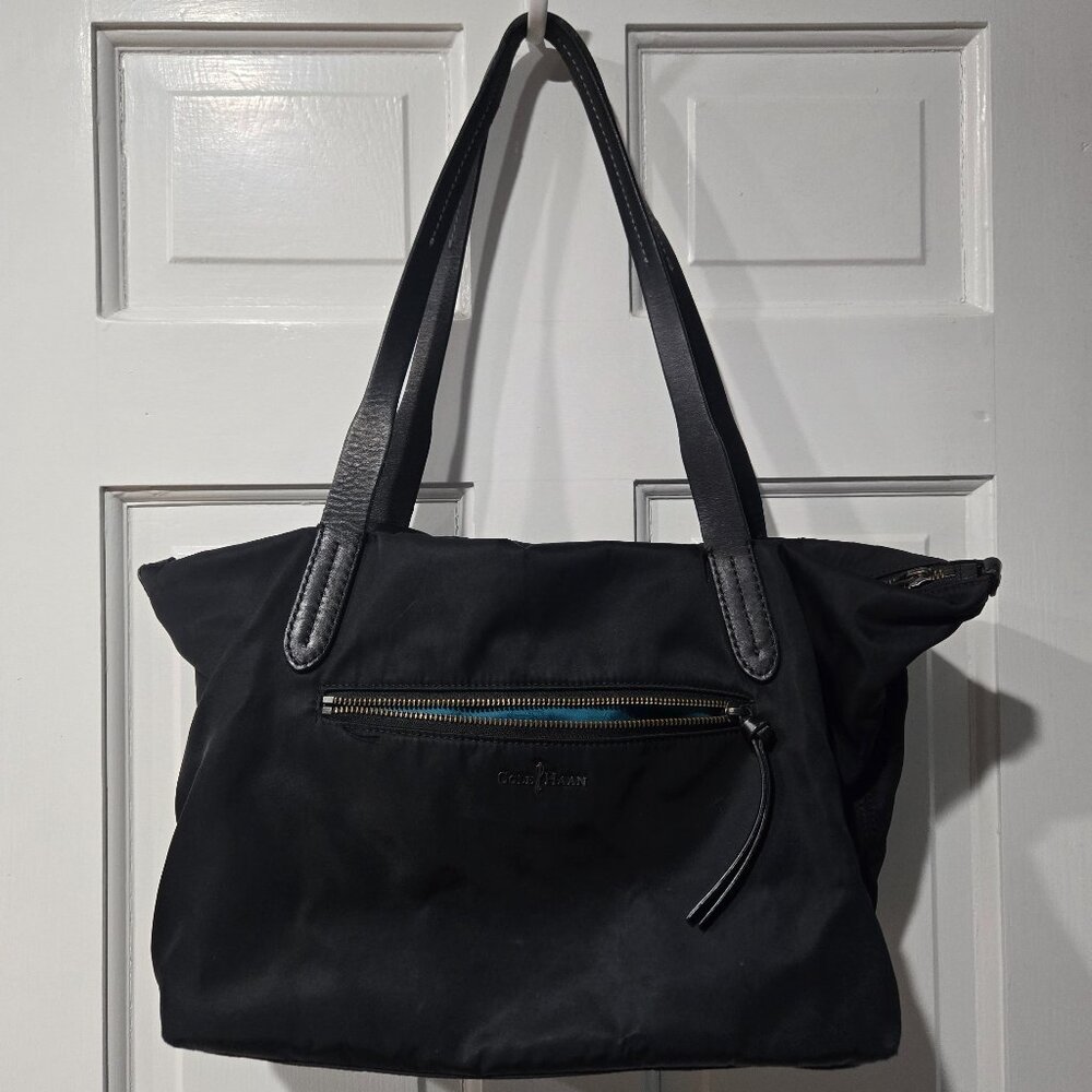 Cole Haan Black Nylon Tote w/ Teal Lining & Leather Handles